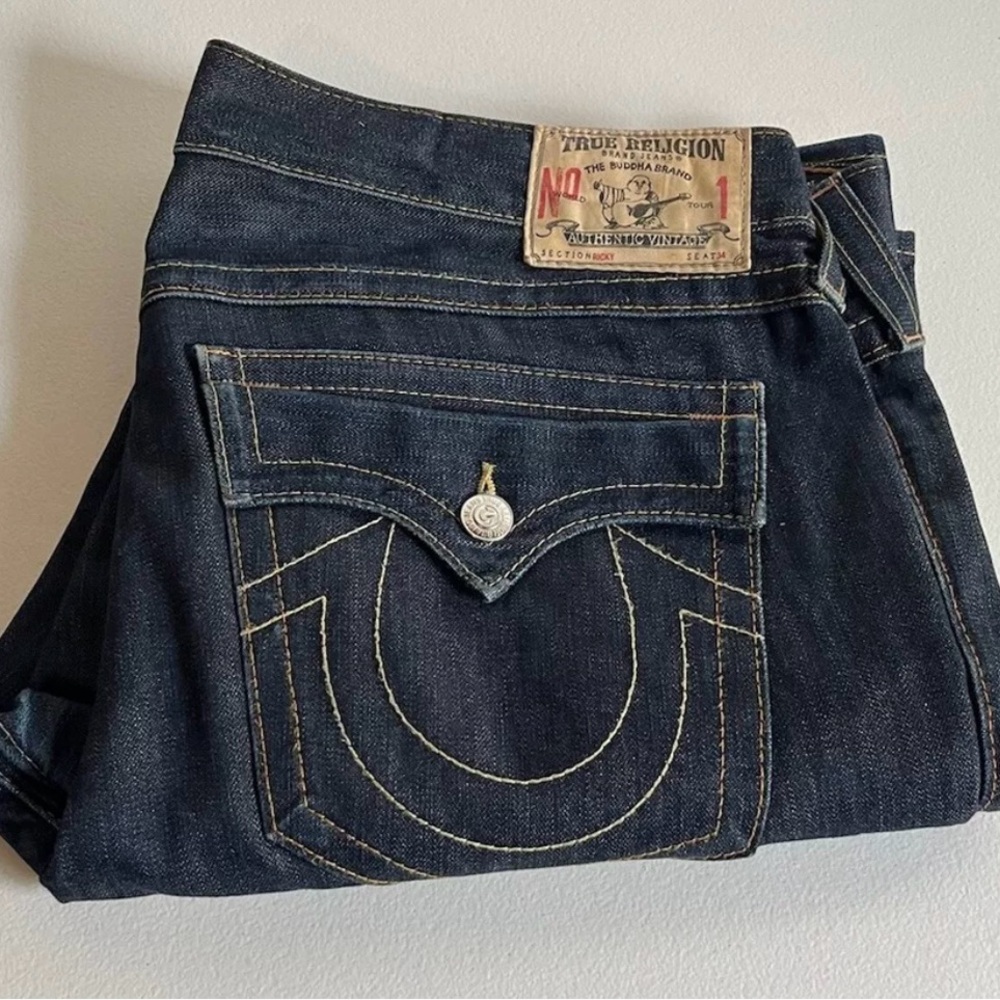 True Religion Slim Straight Blue Jeans Signature Stitch